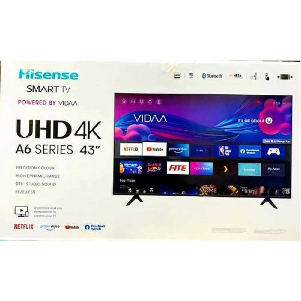 Hisense 43 - Inches UHD 4K Premium A6 Series Bluetooth, HDMI, USB, Youtube, Netflix, WiFi, Frameless Smart TV – Black