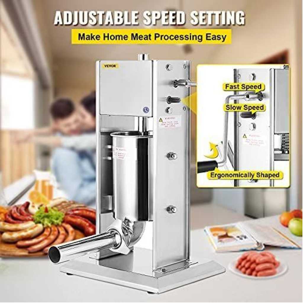 Sausage Filler Machine 5L Stainless Steel Sausage Maker Vertical Manual two Speed - Silver