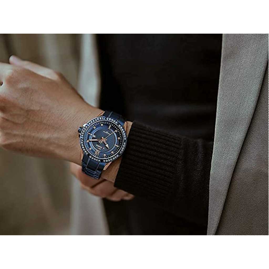 NAVIFORCE Diamond Stainless Steel Analog Quartz Watches for Men Waterproof Watch Calendar Classic Wristwatch Luminous - Gold Blue