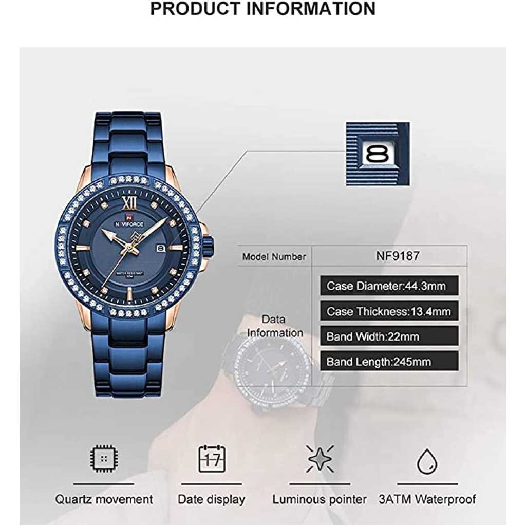 NAVIFORCE Diamond Stainless Steel Analog Quartz Watches for Men Waterproof Watch Calendar Classic Wristwatch Luminous - Gold Blue