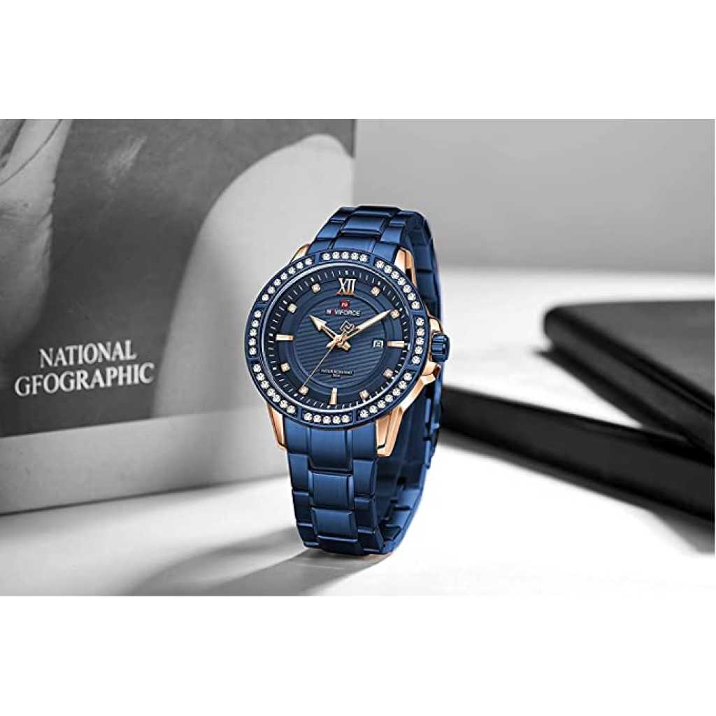 NAVIFORCE Diamond Stainless Steel Analog Quartz Watches for Men Waterproof Watch Calendar Classic Wristwatch Luminous - Gold Blue
