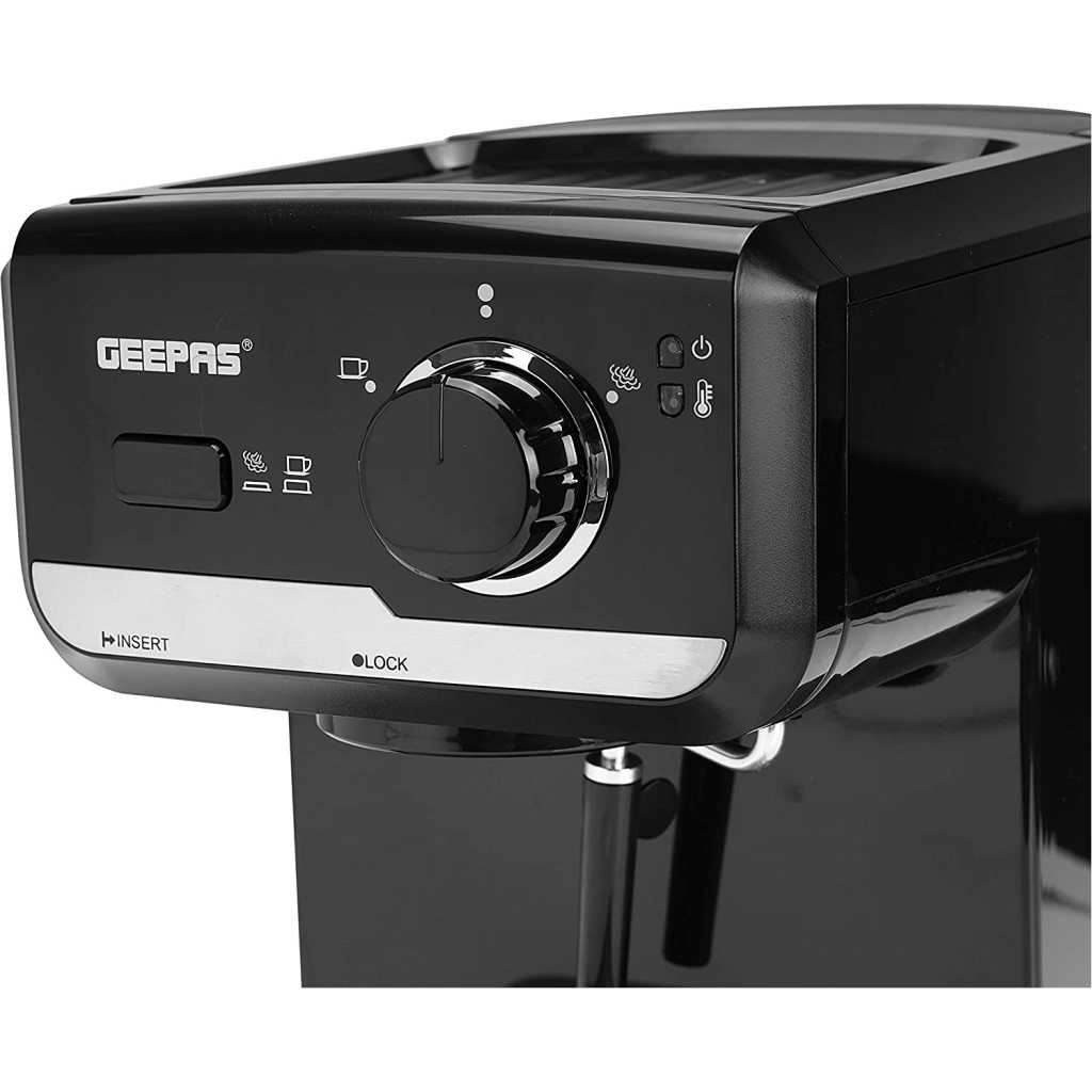 Geepas GCM-41507 1.5L Cappuccino Maker 1140W - 15 Bar Power Brewing Pump, Dual Stainless Steel Filters | 2 Years Warranty, Black