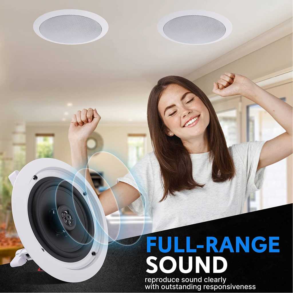 Pyle Pair 6.5” Flush Mount In-wall In-ceiling 2-Way Home Speaker System Spring Loaded Quick Connections Dual Polypropylene Cone Polymer Tweeter Stereo Sound 200 Watts (PDIC1661RD) White