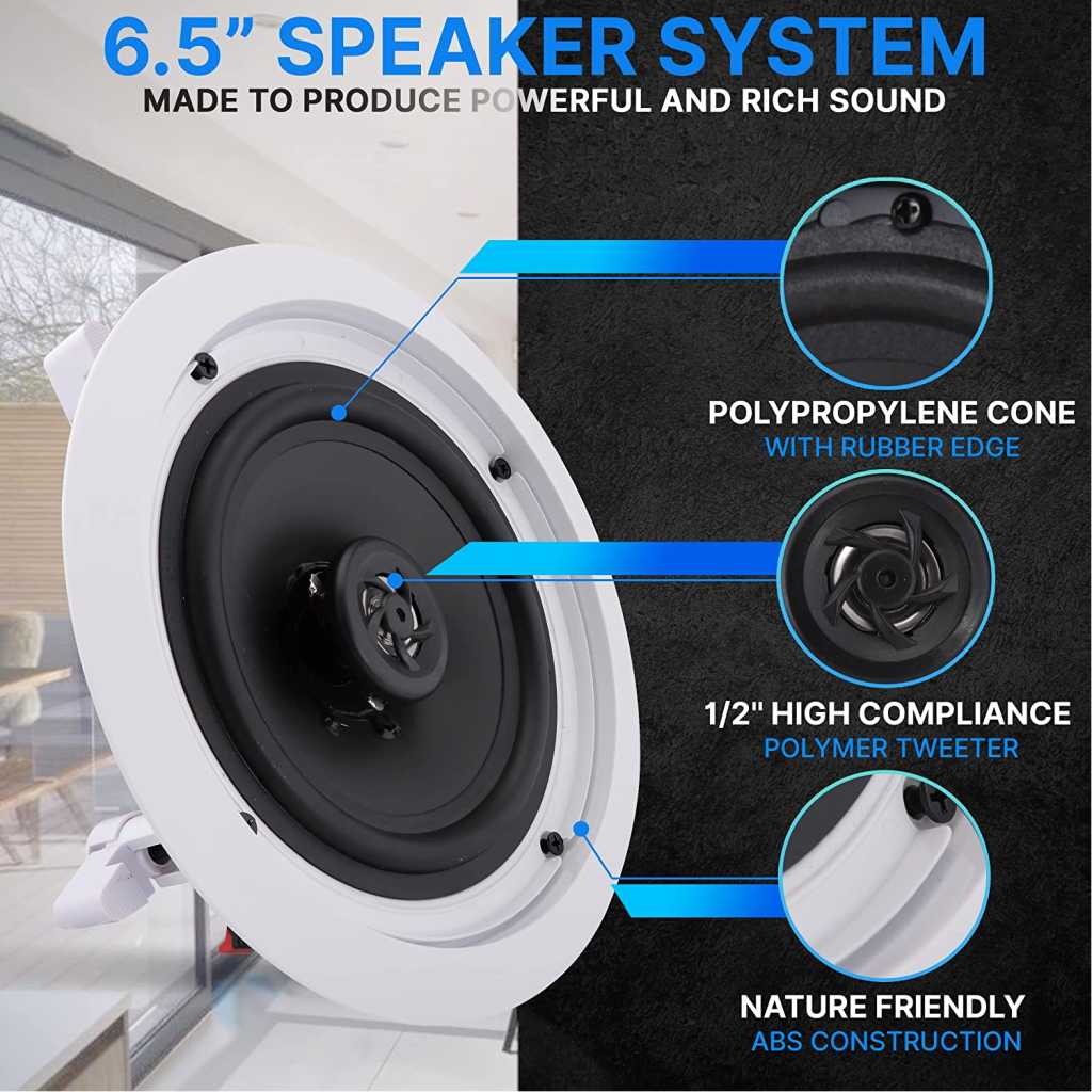 Pyle Pair 6.5” Flush Mount In-wall In-ceiling 2-Way Home Speaker System Spring Loaded Quick Connections Dual Polypropylene Cone Polymer Tweeter Stereo Sound 200 Watts (PDIC1661RD) White