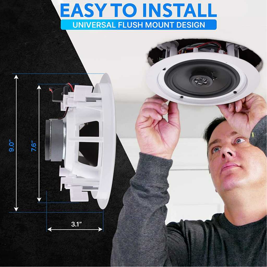 Pyle Pair 6.5” Flush Mount In-wall In-ceiling 2-Way Home Speaker System Spring Loaded Quick Connections Dual Polypropylene Cone Polymer Tweeter Stereo Sound 200 Watts (PDIC1661RD) White