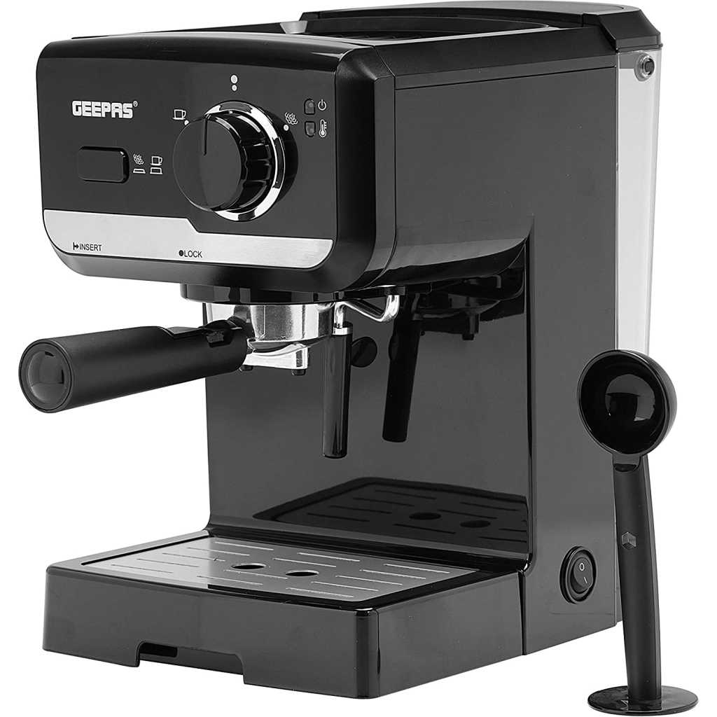 Geepas GCM-41507 1.5L Cappuccino Maker 1140W - 15 Bar Power Brewing Pump, Dual Stainless Steel Filters | 2 Years Warranty, Black