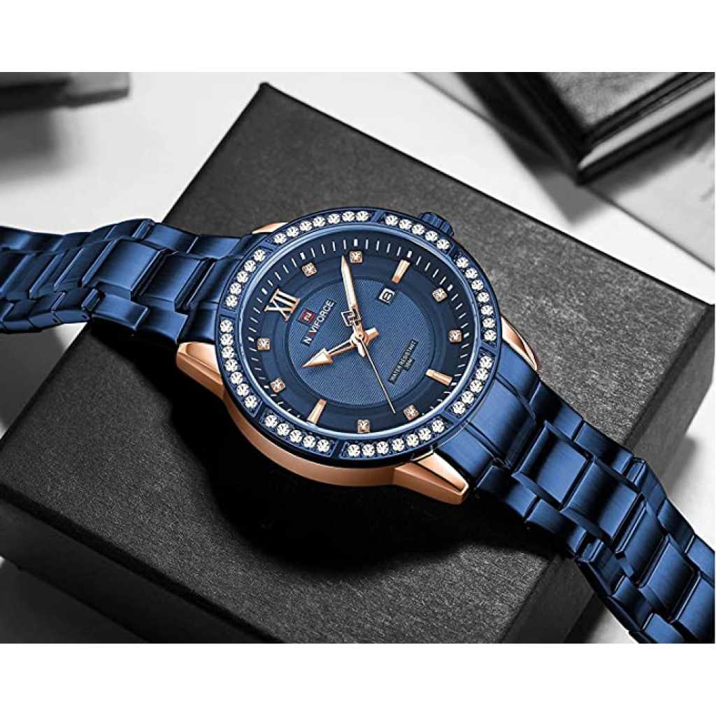 NAVIFORCE Diamond Stainless Steel Analog Quartz Watches for Men Waterproof Watch Calendar Classic Wristwatch Luminous - Gold Blue