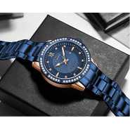 NAVIFORCE Diamond Stainless Steel Analog Quartz Watches for Men Waterproof Watch Calendar Classic Wristwatch Luminous - Gold Blue