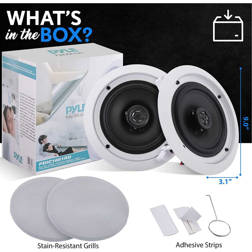 Pyle Pair 6.5” Flush Mount In-wall In-ceiling 2-Way Home Speaker System Spring Loaded Quick Connections Dual Polypropylene Cone Polymer Tweeter Stereo Sound 200 Watts (PDIC1661RD) White