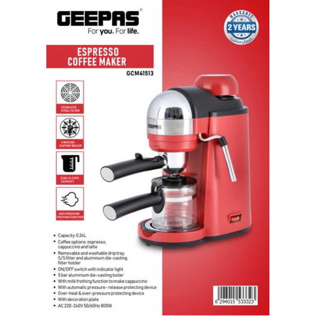 Geepas Espresso Coffee Maker, 240ml Capacity, SS Filter, GCM41513 | Stainless Steel Filter & Aluminum Die-Casting Filter Holder | 5 Bar High Pressure | On/Off Light Indicator