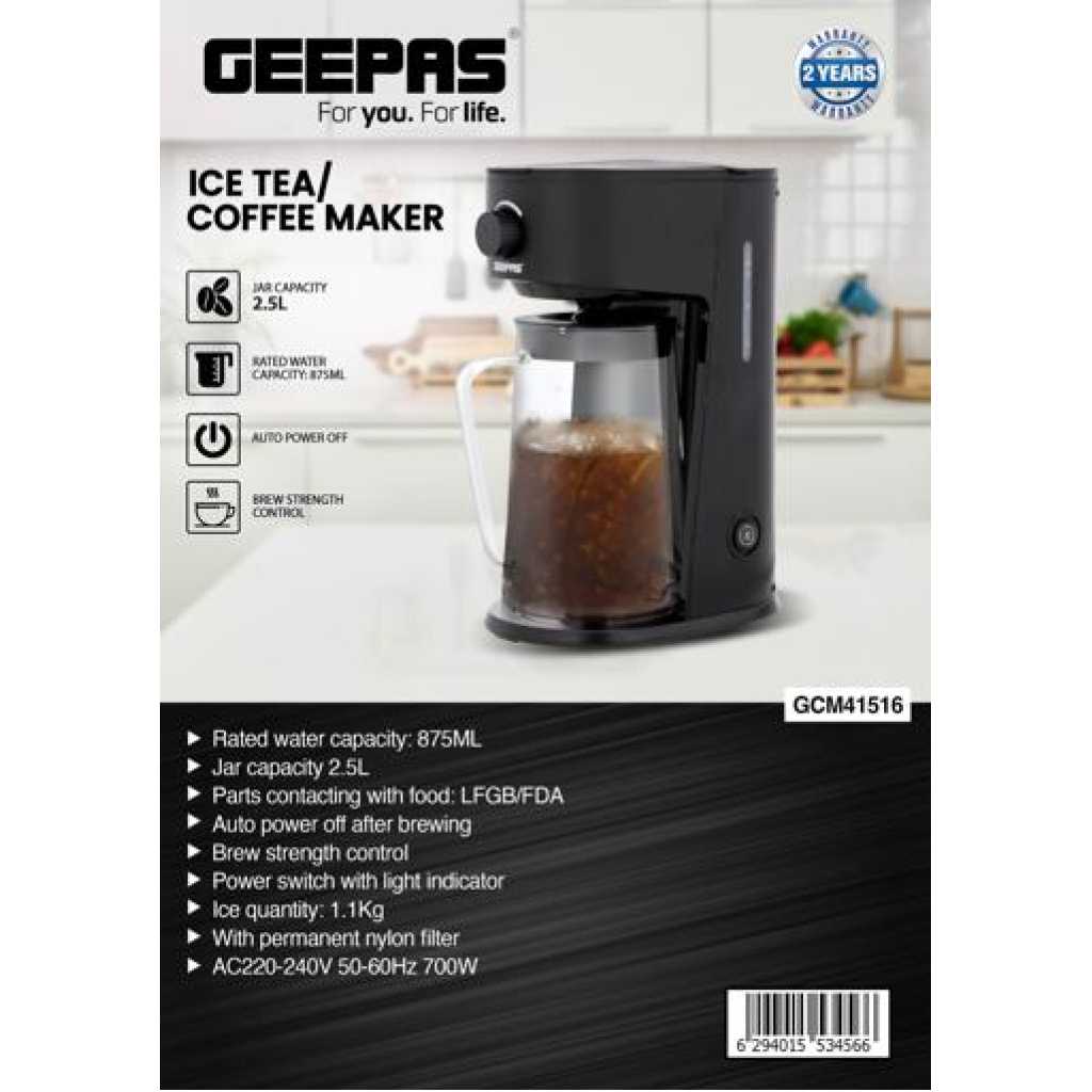 Geepas 2.5L Ice Tea/ Coffee Maker, With Permanent Nylon Filter, GCM41516 | Ice Tea Maker with Infusion Pitcher for Hot/Cold Water | Iced Coffee Maker for Ground Coffee with Brew Strength Selector