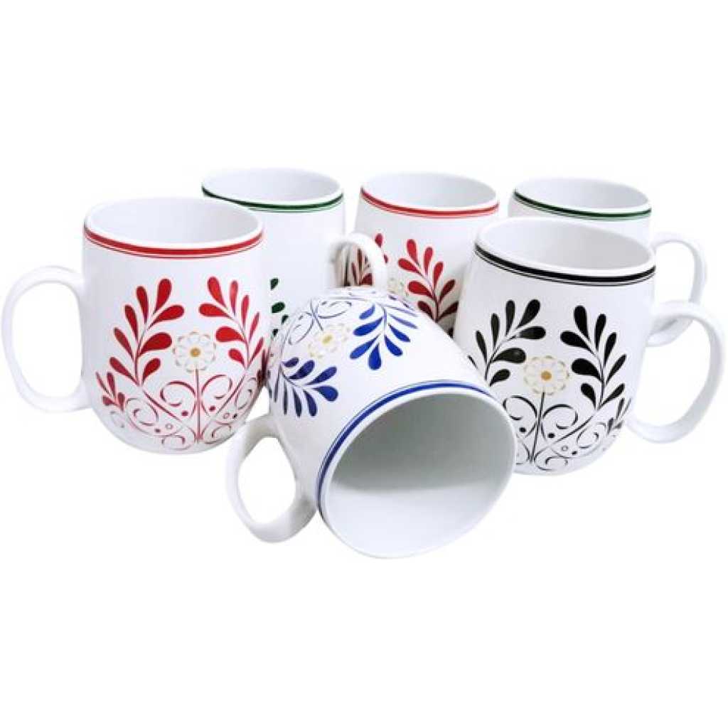 6 Pieces Of Flowered Designed Pot Cups/Mugs - White