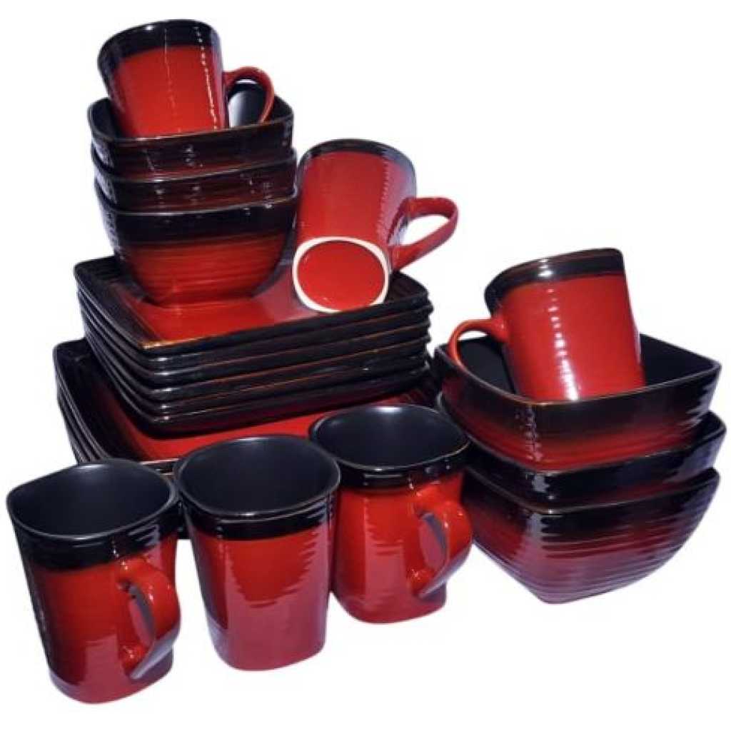 24 Piece Square Plates, Bowls, Cups Dinner Set - Red