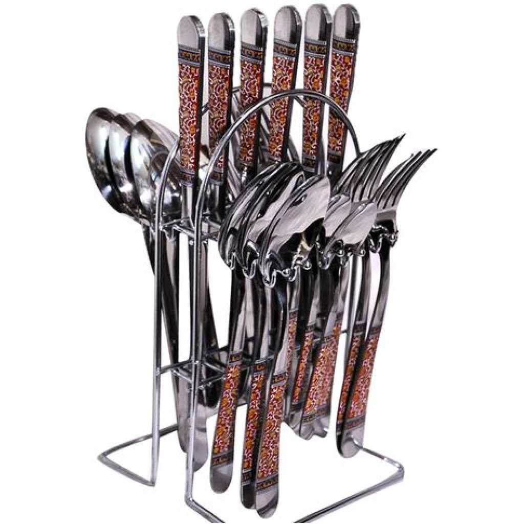 24pcs Red Flower Cutlery (Forks, Spoons & Knives) with a Stand - Silver