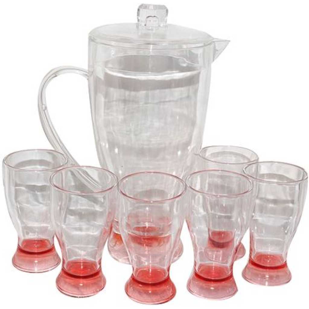 Acrylic Jug With 6 Tumblers Glasses- Red.