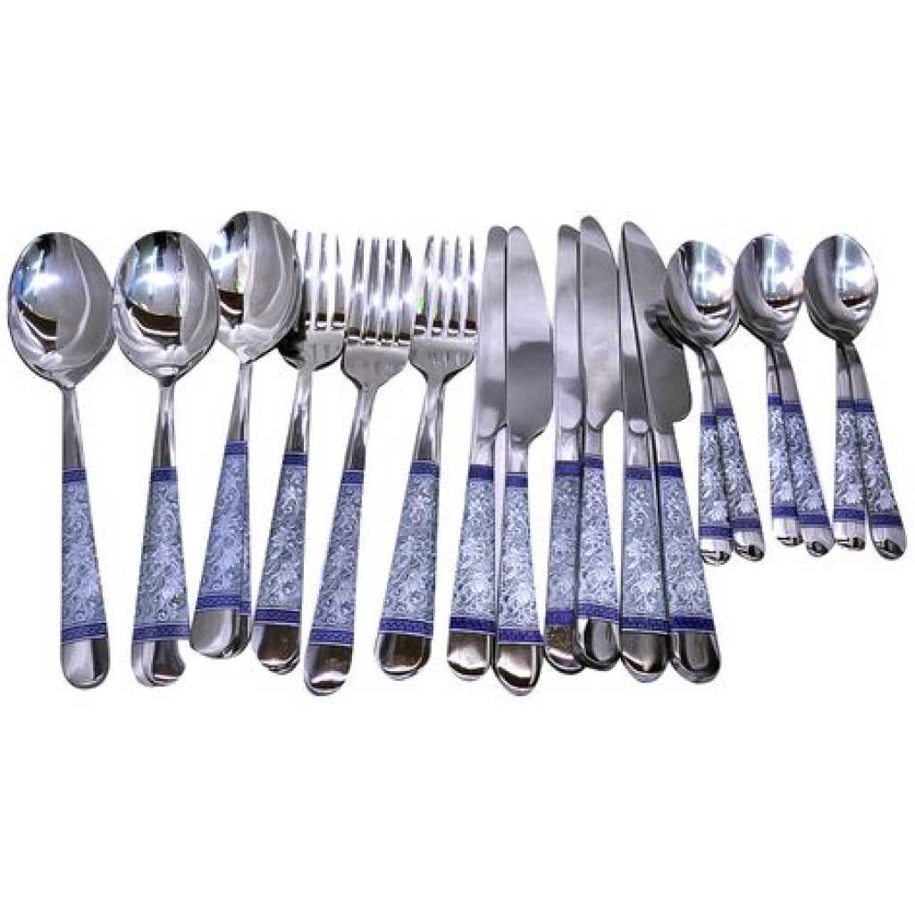 24 Piece Blue Flower Dinner Cutlery (Forks, Spoons & Knives) - Silver