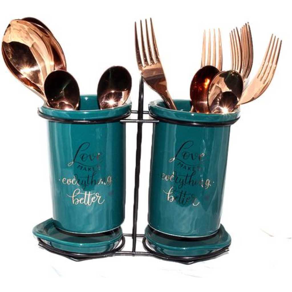 Ceramic Spoon Cutlery Utensil Holder Tube Rack - Green