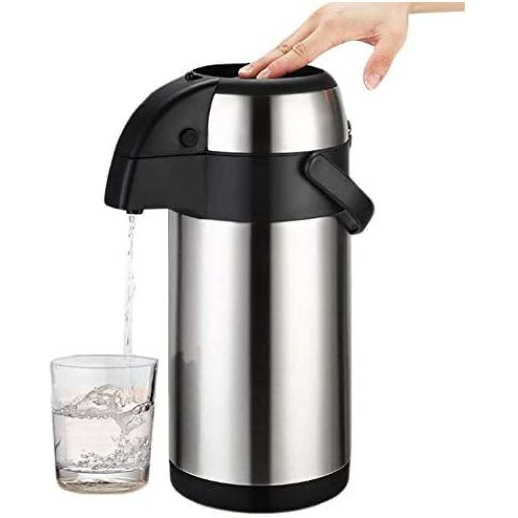 Daydays 3L Thermal Flask Stainless Steel, Pump Action Vacuum Insulated With Safety Lock & Handle, Coffee Tea Jug For Home, Office, Camping- Silver.