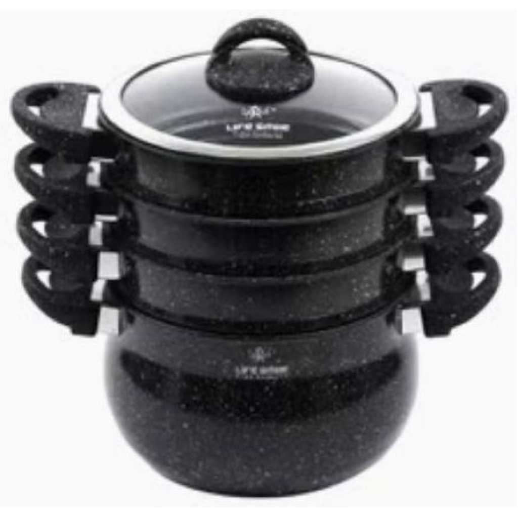 Life Smile 4 Layer Granite Coated Stockpot Couscoussier Steamer Saucepans - Black.