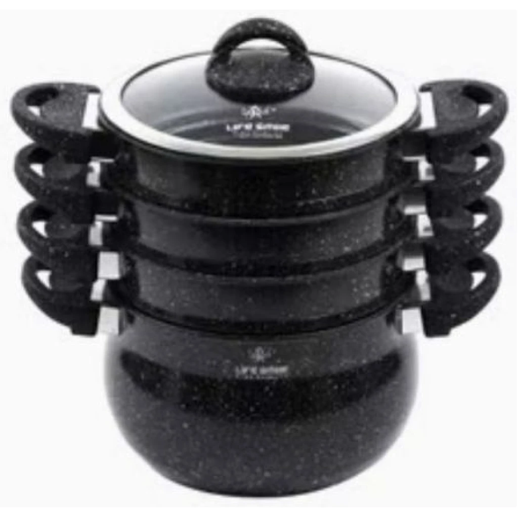 Life Smile 4 Layer Granite Coated Stockpot Couscoussier Steamer Saucepans - Black.