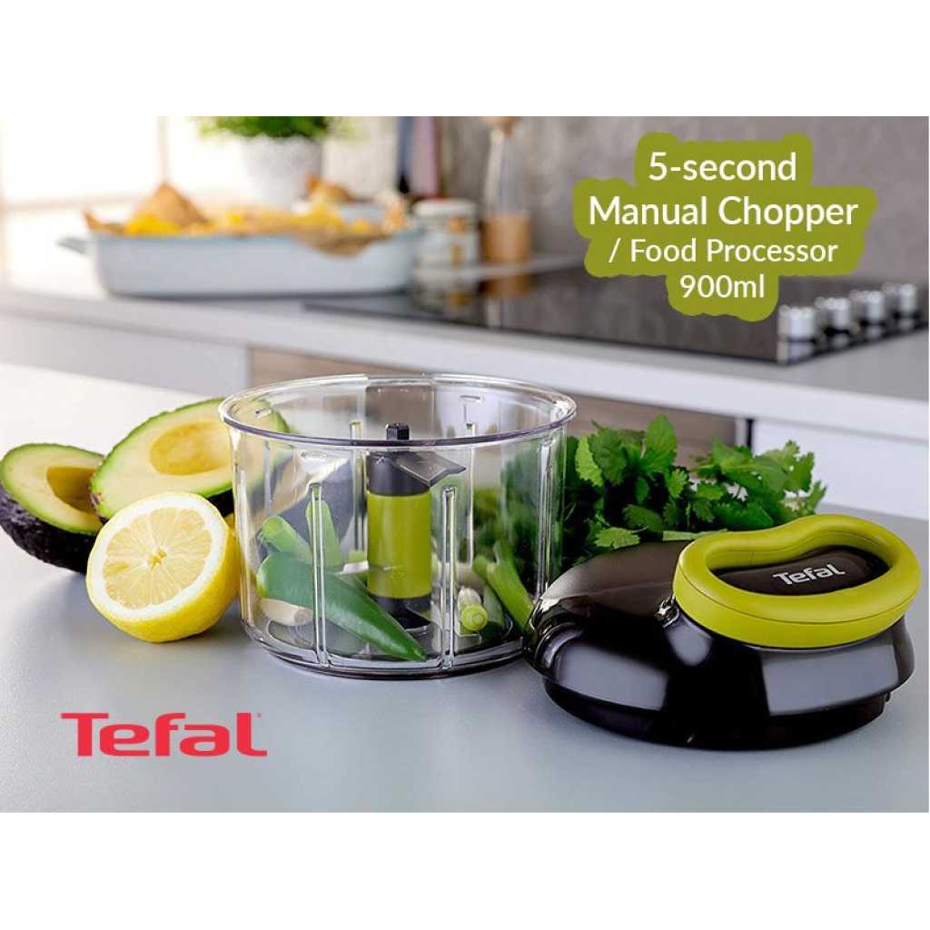 Tefal Manual Food Chopper and Mixer with Stainless Steel Blades for Vegetables, Onions, Herbs and Nuts, 5 Second Chopper, Green - Dark Citronnelle, 900 ml K1320404