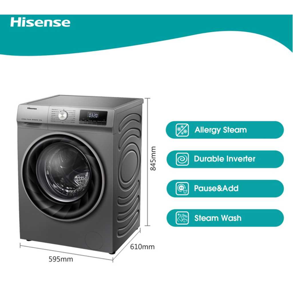 Hisense 10KG Automatic Front Load Washing Machine | Inverter Motor WFBJ1014VS - Grey