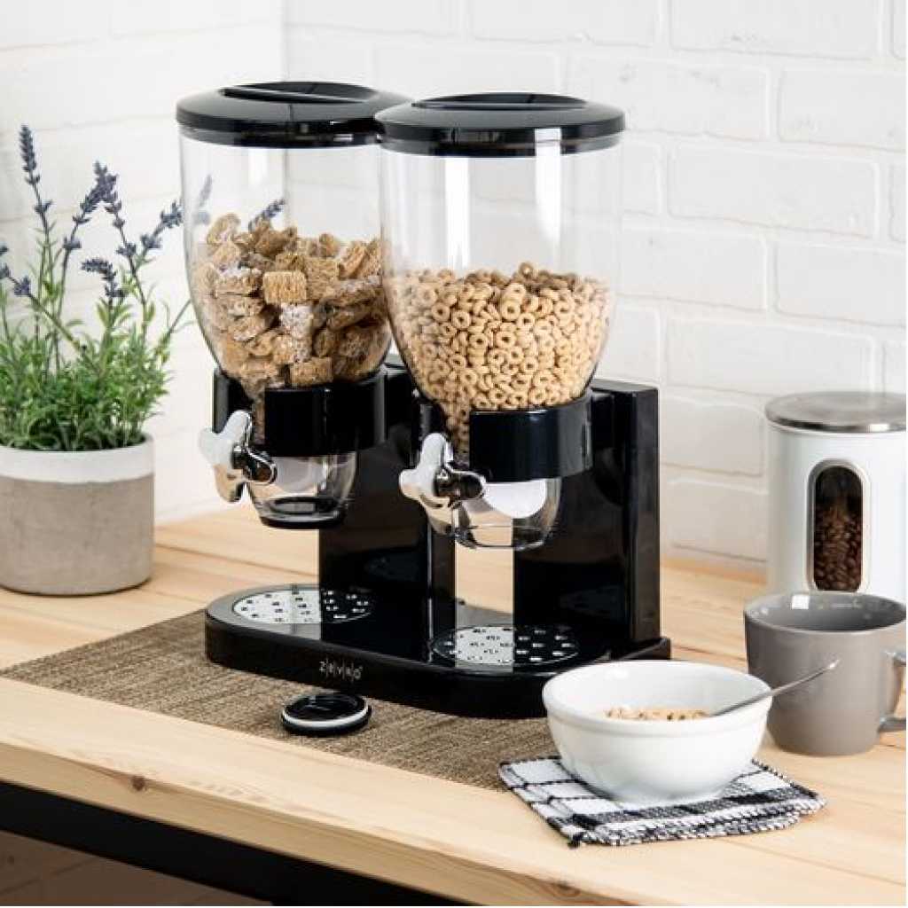 Double Kitchen Food Cereal Dispenser Storage, Organizer Container, Black