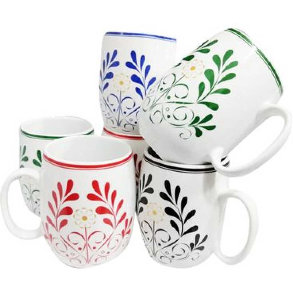 6 Pieces Of Flowered Designed Pot Cups/Mugs - White