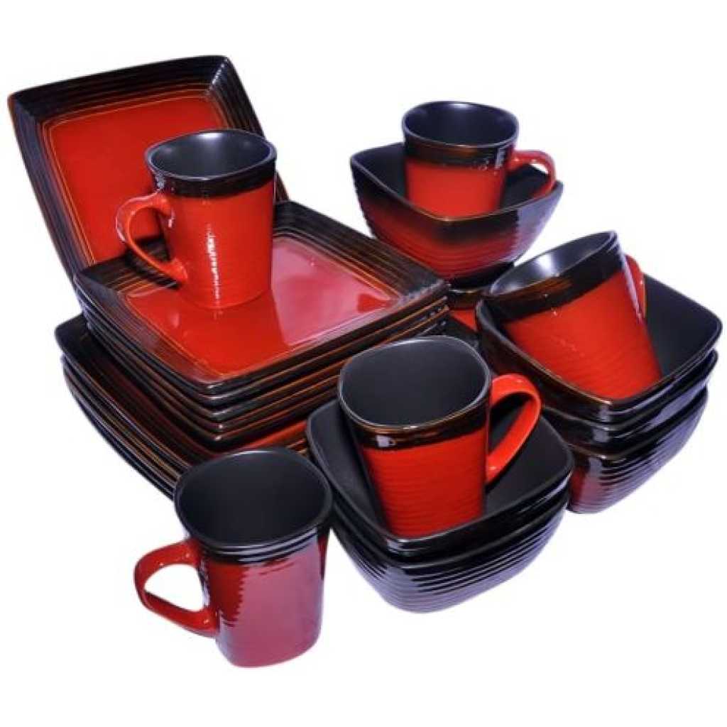 24 Piece Square Plates, Bowls, Cups Dinner Set - Red