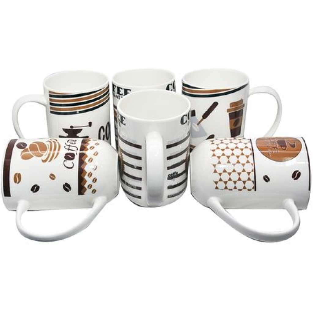 6 Pieces Set Of Multi Design Coffee Tea Cups/Mugs - White