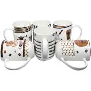6 Pieces Set Of Multi Design Coffee Tea Cups/Mugs - White