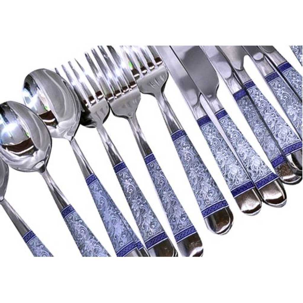 24 Piece Blue Flower Dinner Cutlery (Forks, Spoons & Knives) - Silver