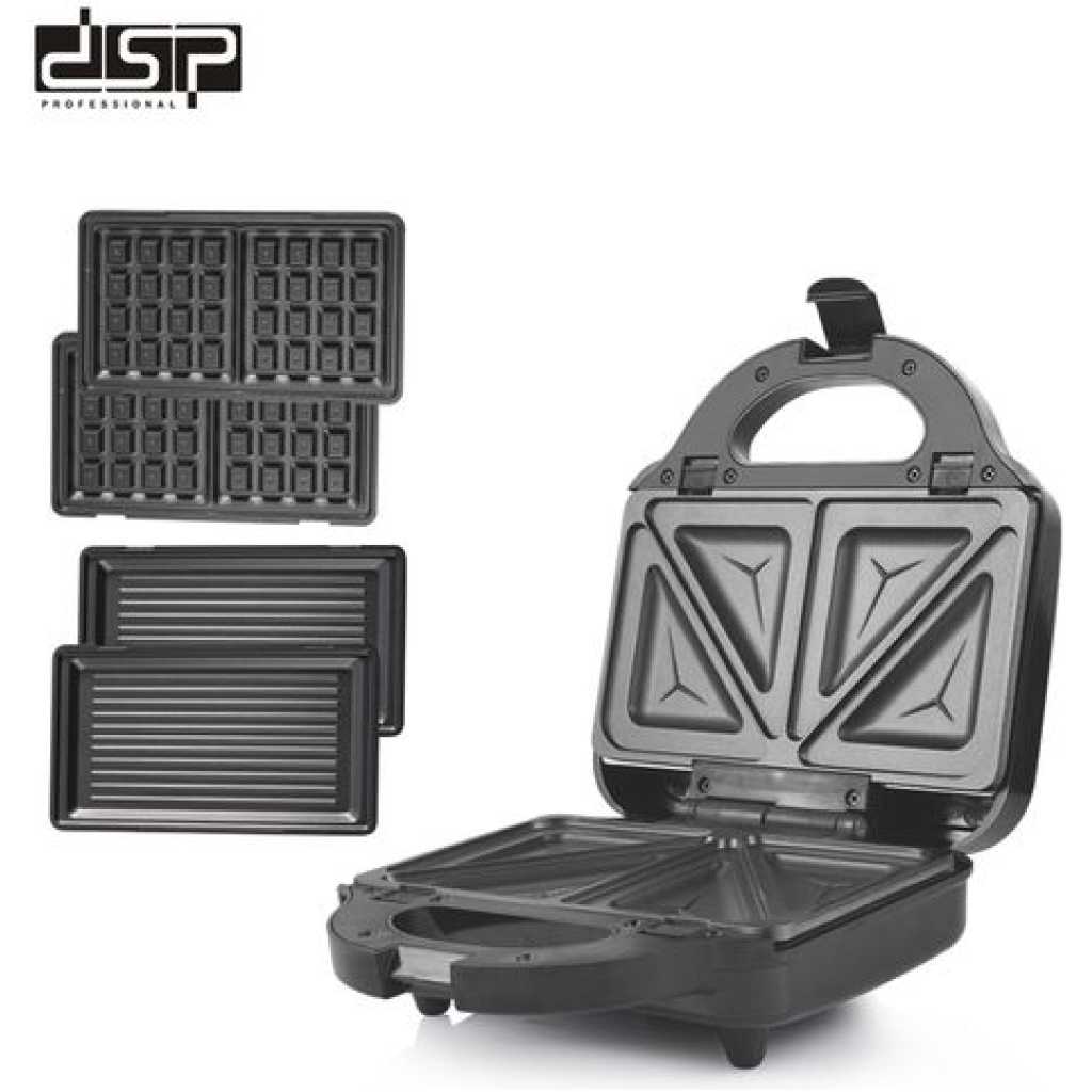 Dsp 3 in 1 Waffle Maker Sandwich Barbecue Electric Baking Pan Toaster - Black.