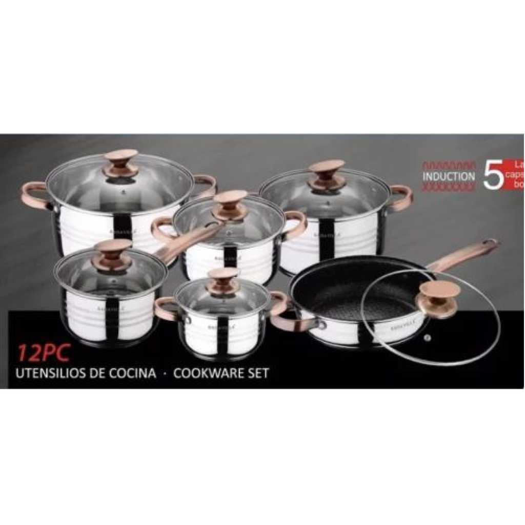 Kaisa Villa 12 Pieces Flash Heavy Stainless Steel Saucepans/Cookware Pots, Silver.