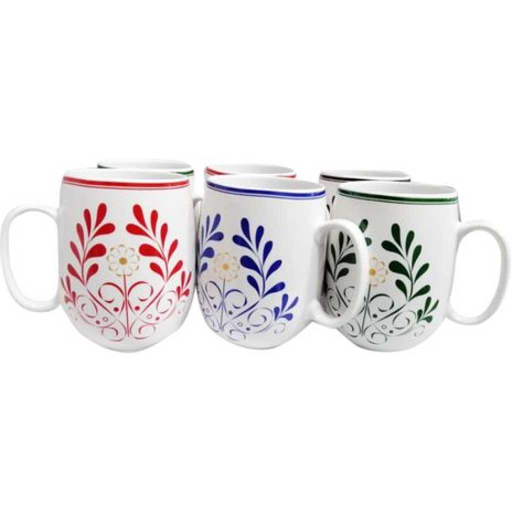 6 Pieces Of Flowered Designed Pot Cups/Mugs - White