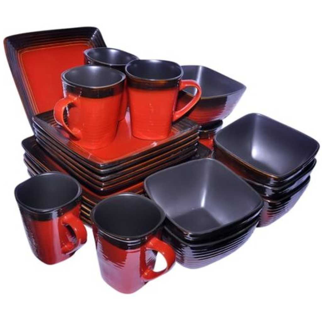 24 Piece Square Plates, Bowls, Cups Dinner Set - Red