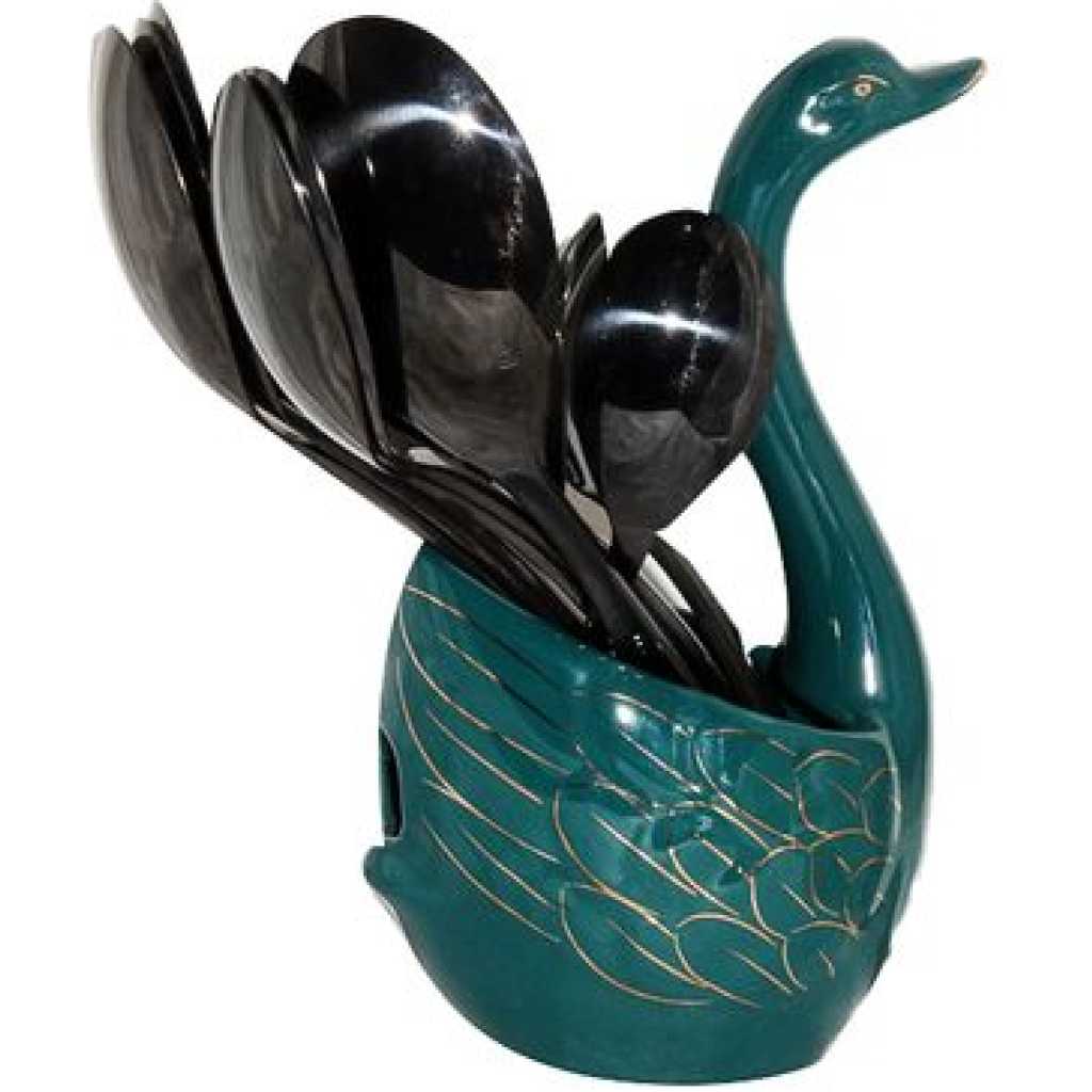 Ceramic Swan Fork, Spoon Cutlery Stand Holder - Green