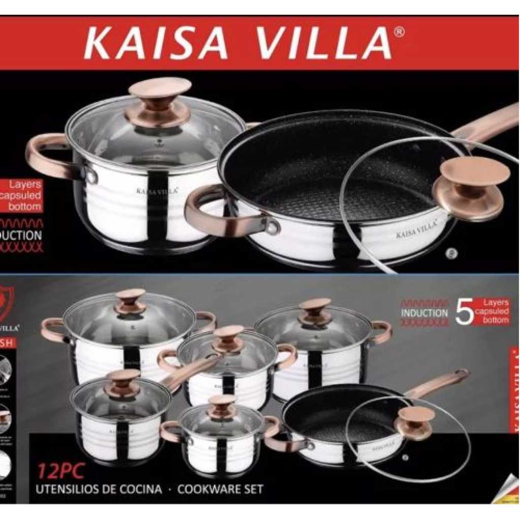 Kaisa Villa 12 Pieces Flash Heavy Stainless Steel Saucepans/Cookware Pots, Silver.