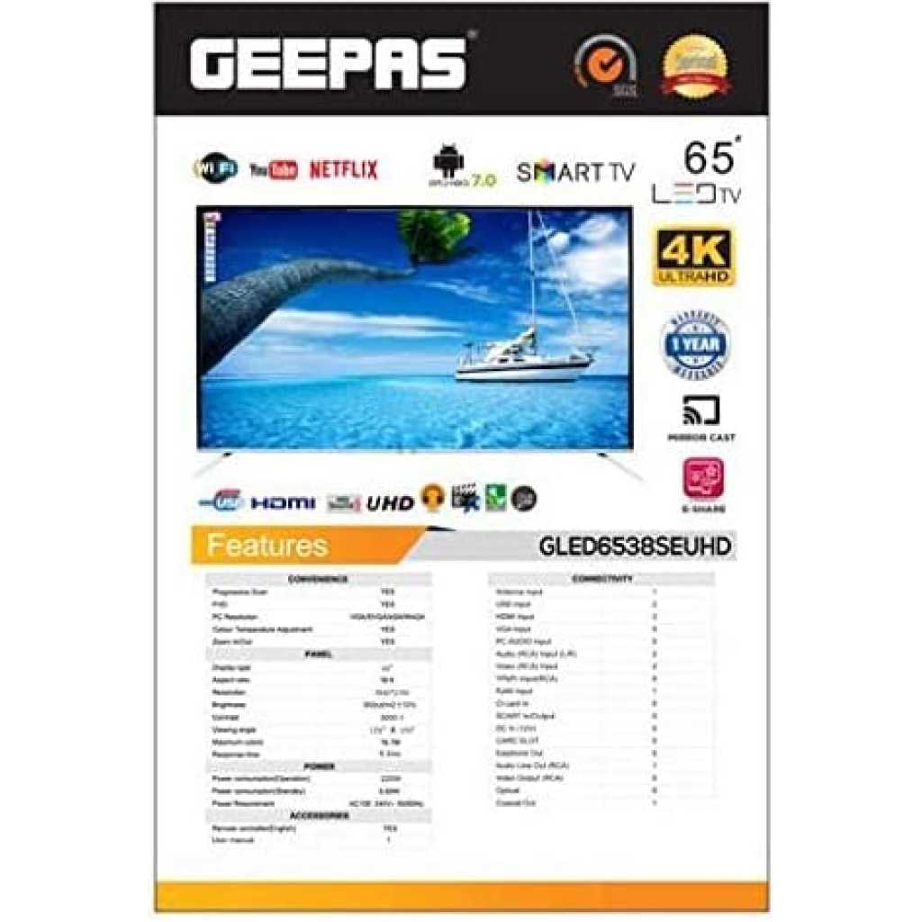 Geepas 65" Smart UHD 4K LED TV - Mirror Cast, 3.5mm, 3 HDMI & 2 USB Ports | Wifi, Android With E-Share | Comes Application Like Youtube, Netflix, Amazon Prime | 1 Years Warranty