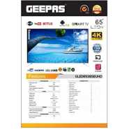 Geepas 65" Smart UHD 4K LED TV - Mirror Cast, 3.5mm, 3 HDMI & 2 USB Ports | Wifi, Android With E-Share | Comes Application Like Youtube, Netflix, Amazon Prime | 1 Years Warranty