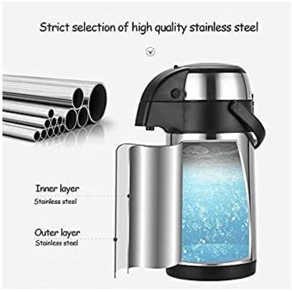 Daydays 3L Thermal Flask Stainless Steel, Pump Action Vacuum Insulated With Safety Lock & Handle, Coffee Tea Jug For Home, Office, Camping- Silver.