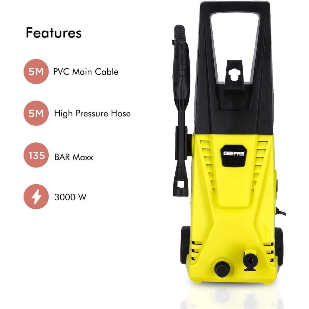 Geepas Pressure Car Washer GCW19027 - Electric Washer with Spray Gun, Hose with High/Low Pressure Nozzle, Soap Bottle | Rotary Knob | Ideal for Washing Car, Bike, Floor & More | 1 Years Warranty