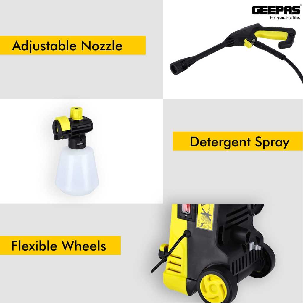 Geepas Pressure Car Washer GCW19027 - Electric Washer with Spray Gun, Hose with High/Low Pressure Nozzle, Soap Bottle | Rotary Knob | Ideal for Washing Car, Bike, Floor & More | 1 Years Warranty