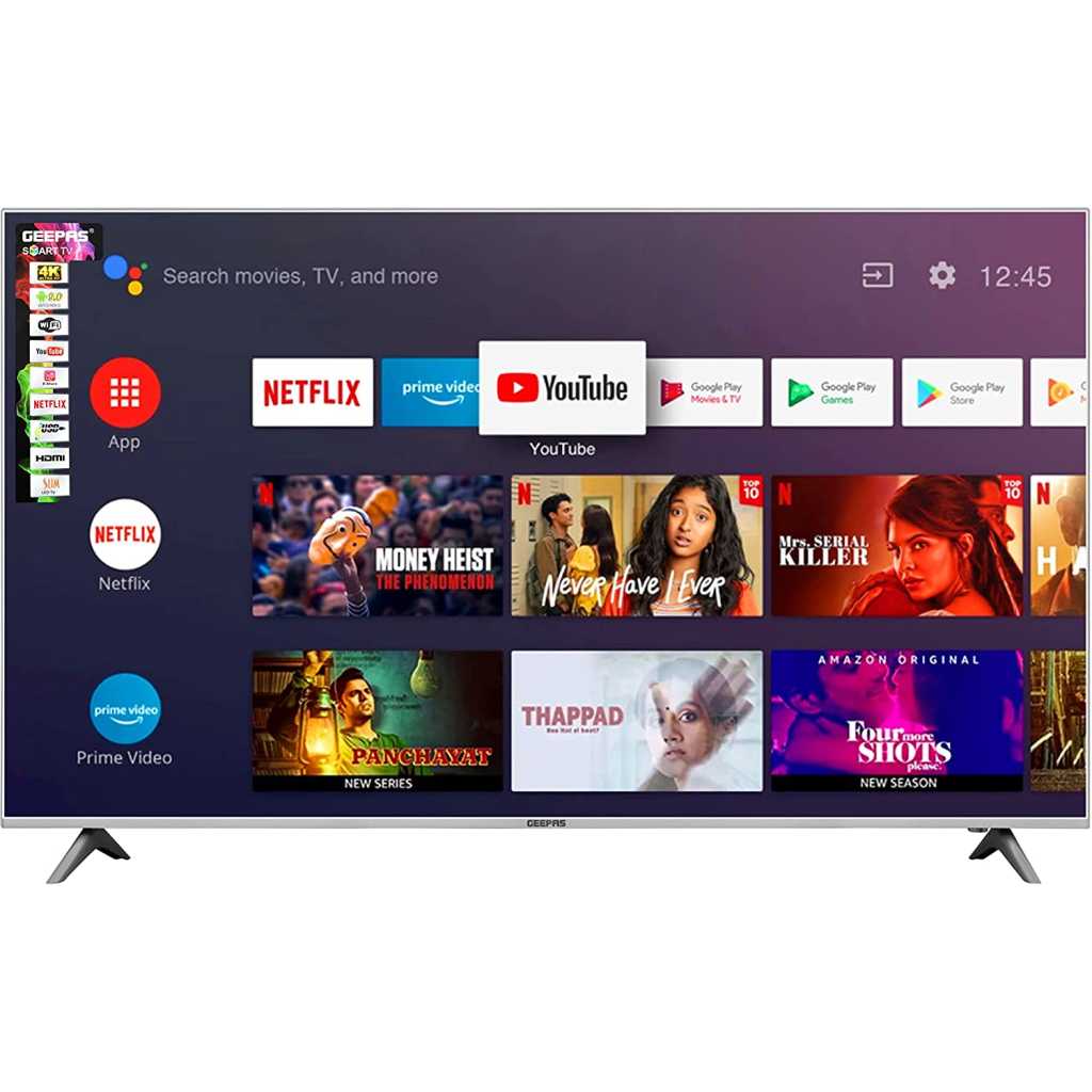 Geepas 50" Android Smart UHD 4K LED TV – Slim Led, 3.5mm, 2 HDMI & 2 Hi-High USB Ports | Wi-Fi, Android 8.0 With E-Share & Mirror Cast | Comes Application Like YouTube, Netflix, Amazon Prime | 1 Year Warranty