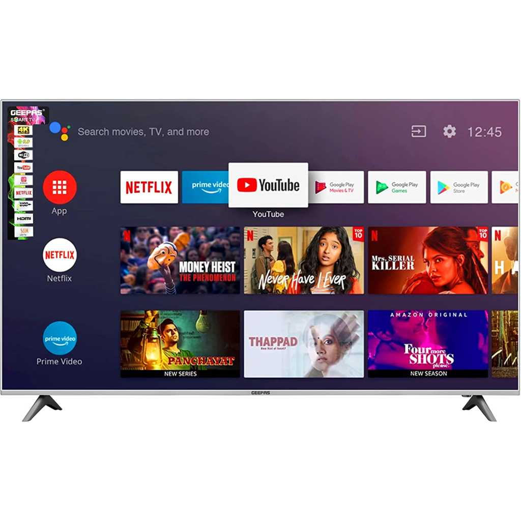 Geepas 65" Smart UHD 4K LED TV - Mirror Cast, 3.5mm, 3 HDMI & 2 USB Ports | Wifi, Android With E-Share | Comes Application Like Youtube, Netflix, Amazon Prime | 1 Years Warranty