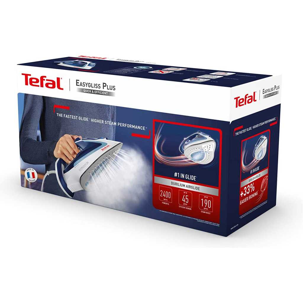 TEFAL Easygliss Durilium Airglide Soleplate Steam Iron, 2400 Watts, Blue/White, FV5715M0 - FRANCE