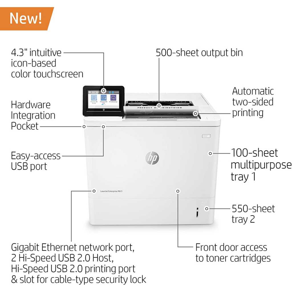 HP LaserJet Enterprise M611dn Monochrome Printer with built-in Ethernet & 2-sided printing