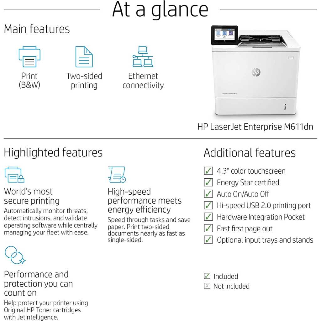 HP LaserJet Enterprise M611dn Monochrome Printer with built-in Ethernet & 2-sided printing