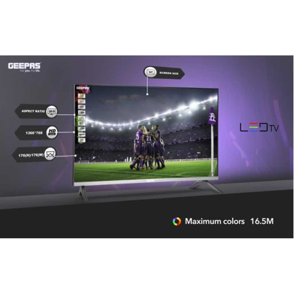 Geepas 32" LED Digital TV | With Inbuilt Free To Air Decoder, Slim LED TV with Remote Control, GLED3201EHD | HDMI & USB Ports, AV Mode, Head Phone Jack, PC Audio In, VGA | Energy Saving Technology, Dynamic Sound