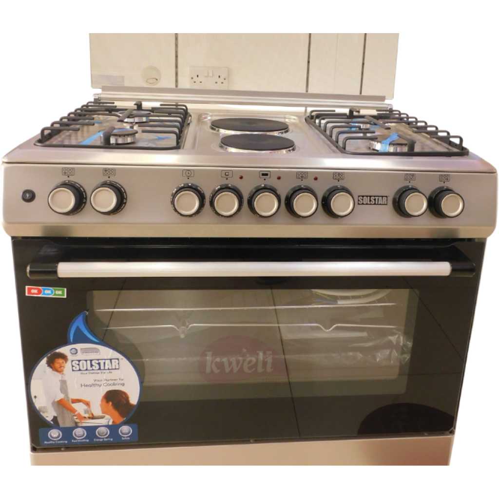 SOLSTAR 90x60cm SO942DEINBSS 4 Gas + 2 Electric Silver Cooker with Electric Oven, Rotesserie, Grill